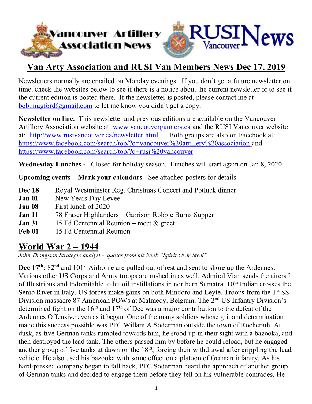Van Arty Association and RUSI Van Members News Dec 17, 2019