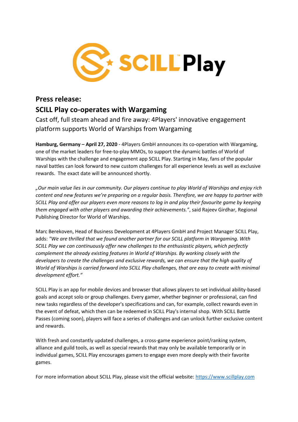 SCILL Play Co-Operates with Wargaming Cast Off, Full Steam Ahead and Fire Away: 4Players' Innovative Engagement Platform Supports World of Warships from Wargaming
