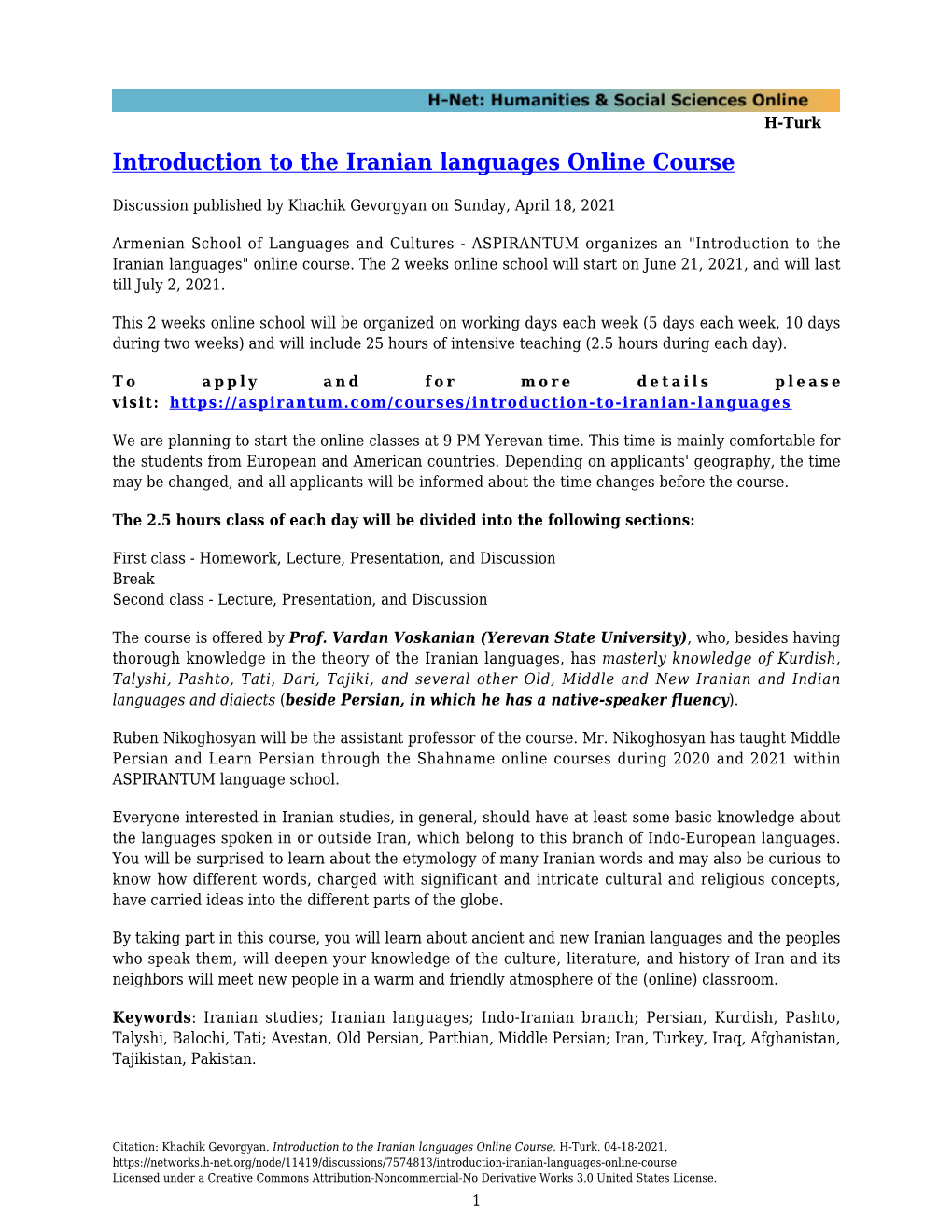 Introduction to the Iranian Languages Online Course