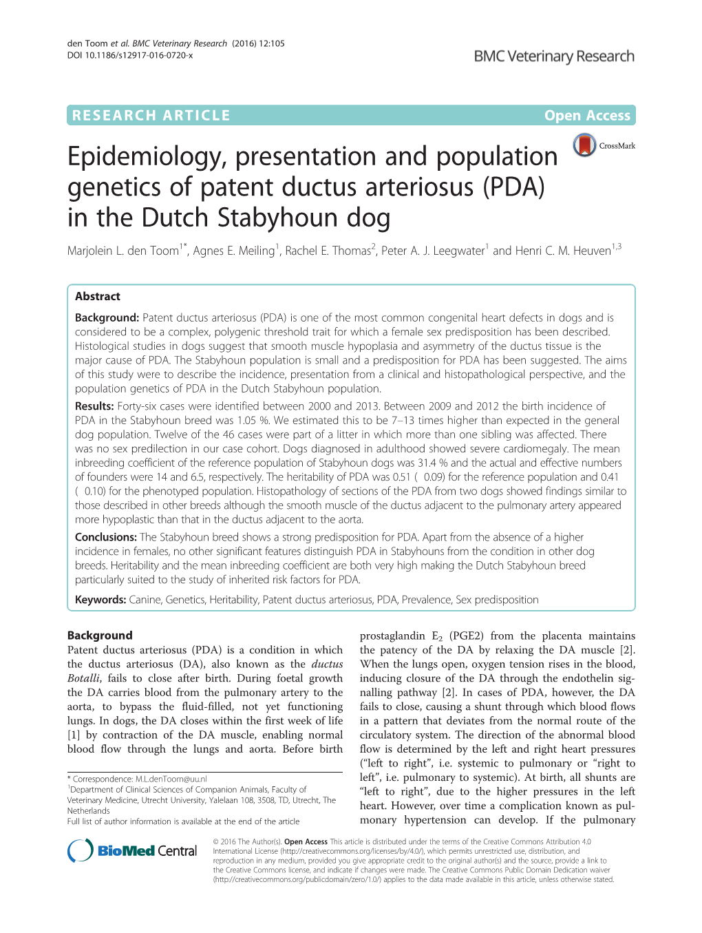 Epidemiology, Presentation and Population Genetics of Patent Ductus Arteriosus (PDA) in the Dutch Stabyhoun Dog Marjolein L