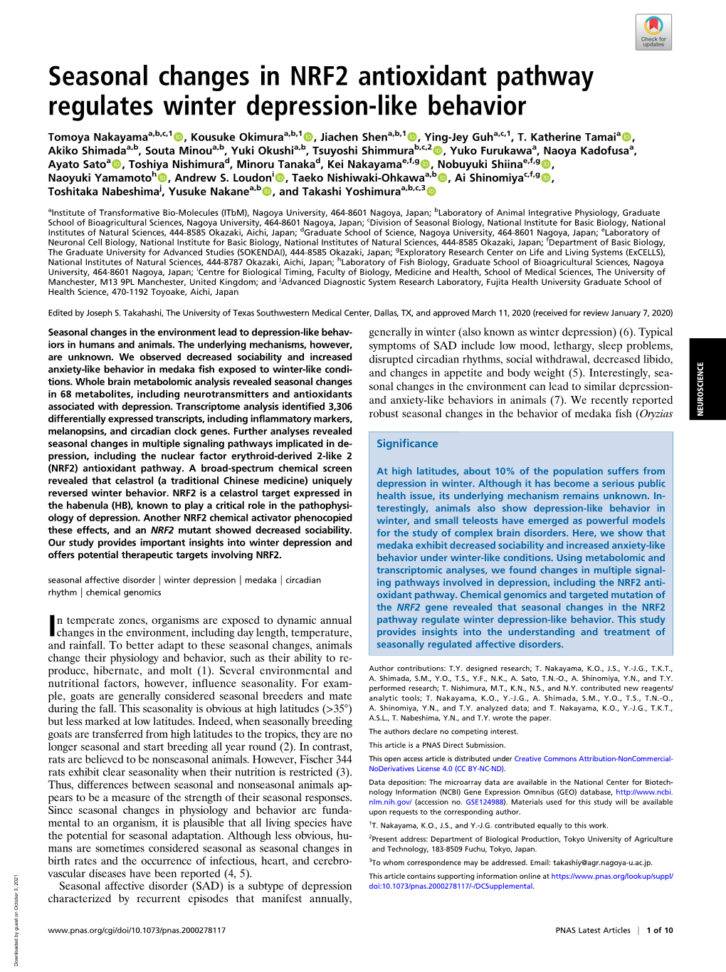 Seasonal Changes in NRF2 Antioxidant Pathway Regulates Winter Depression-Like Behavior