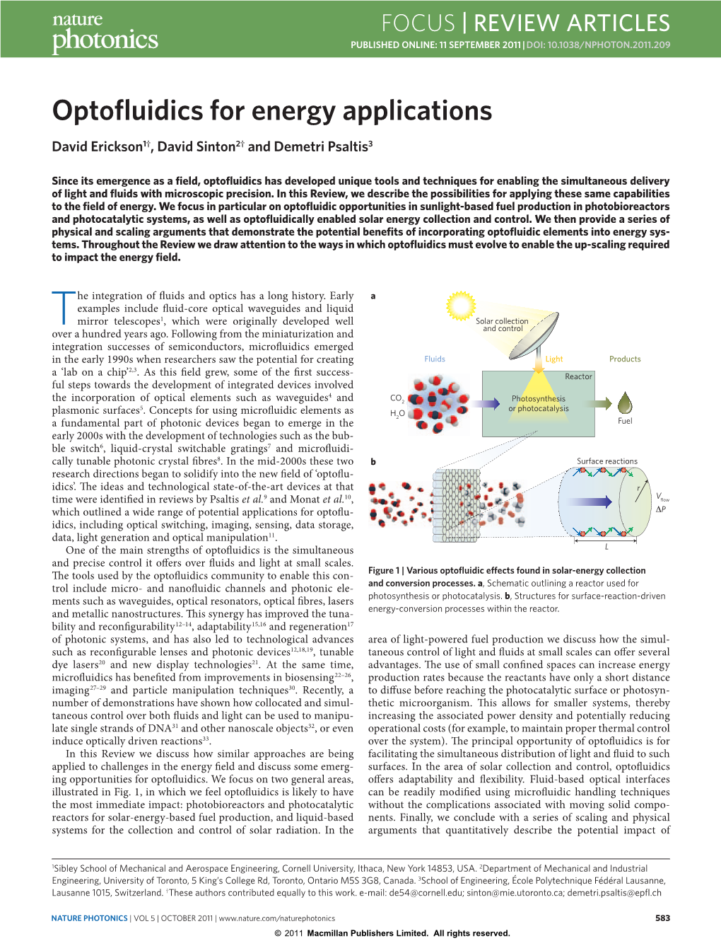 Optofluidics for Energy Applications David Erickson1†, David Sinton2† and Demetri Psaltis3