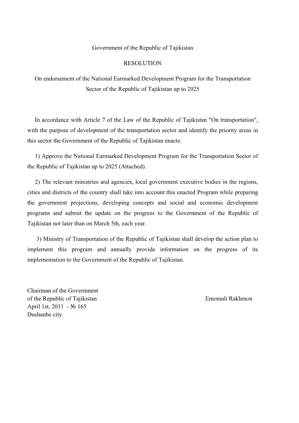 Government of the Republic of Tajikistan RESOLUTION On