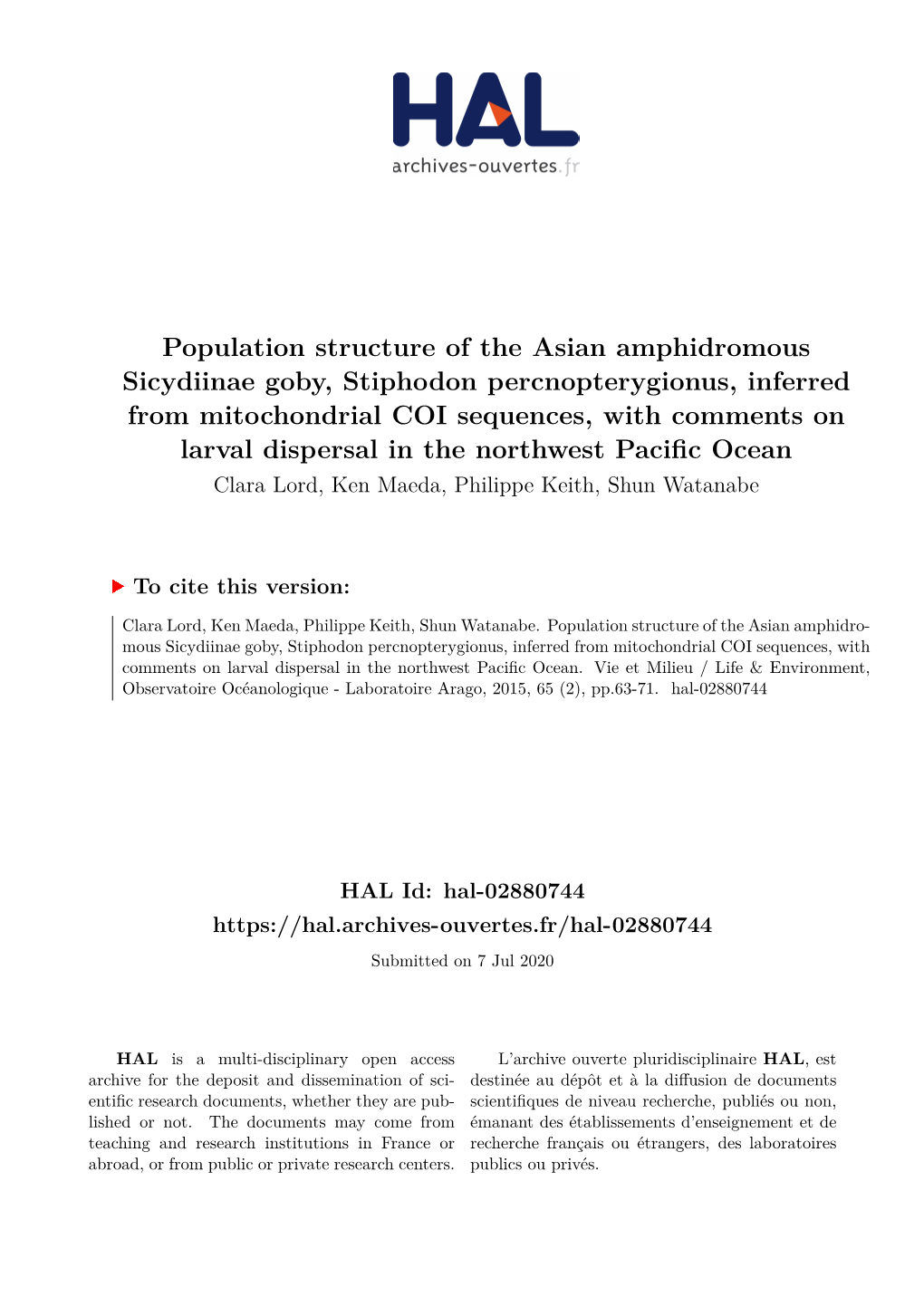 Population Structure of the Asian Amphidromous Sicydiinae Goby, Stiphodon Percnopterygionus, Inferred from Mitochondrial COI
