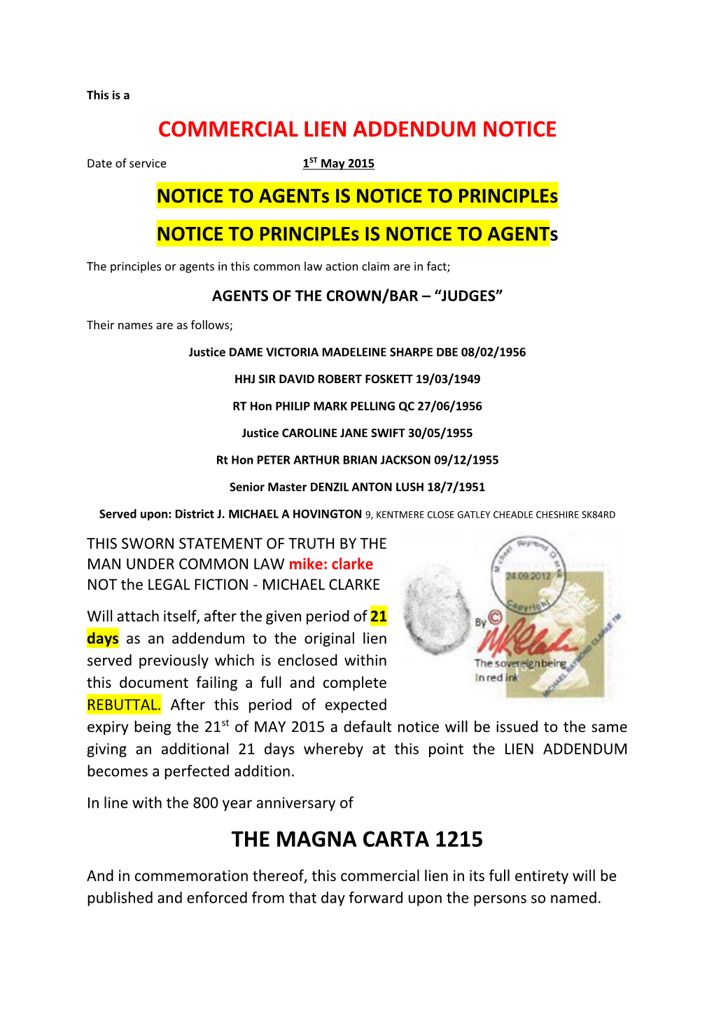 Commercial Lien Addendum Notice the Magna Carta 1215