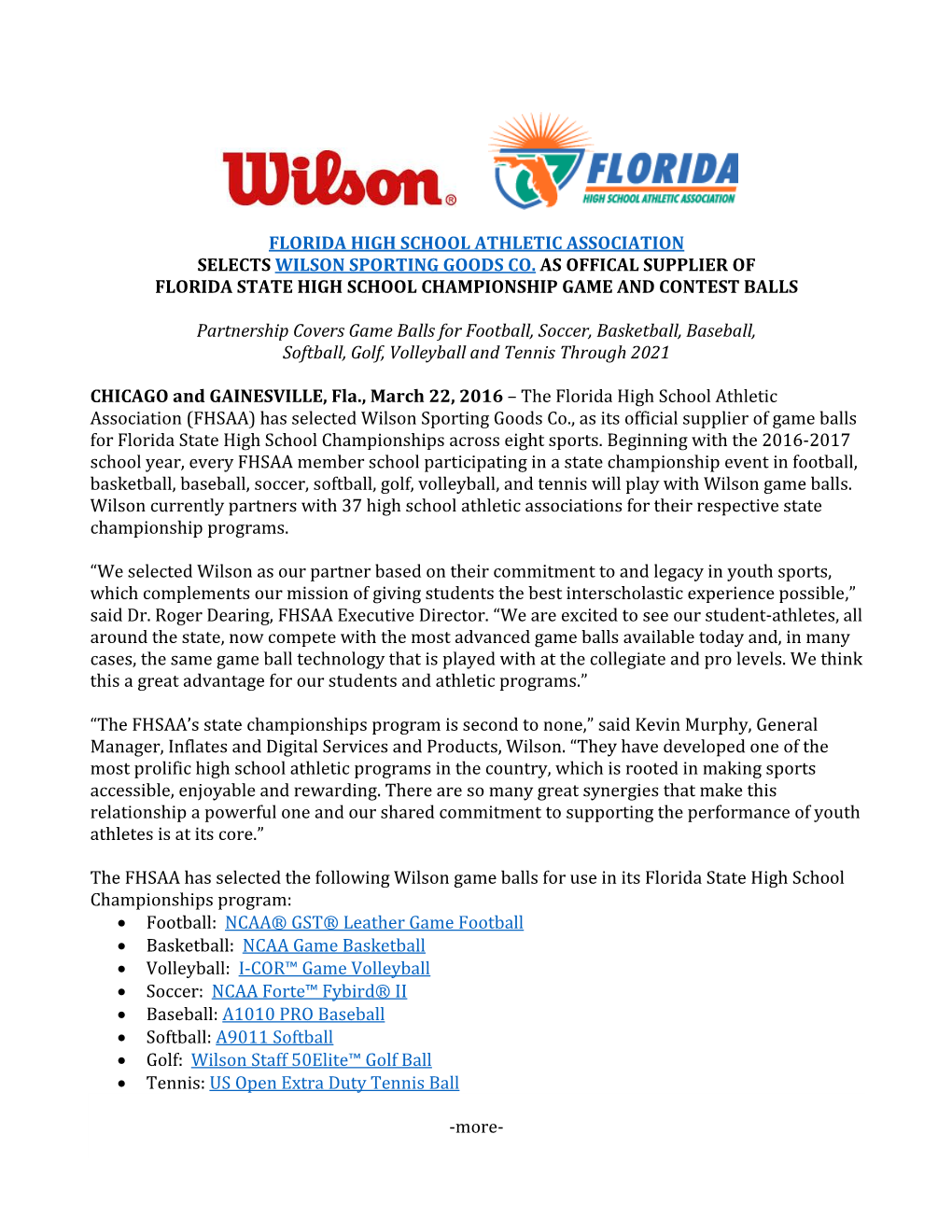 Florida High School Athletic Association Selects Wilson Sporting Goods Co