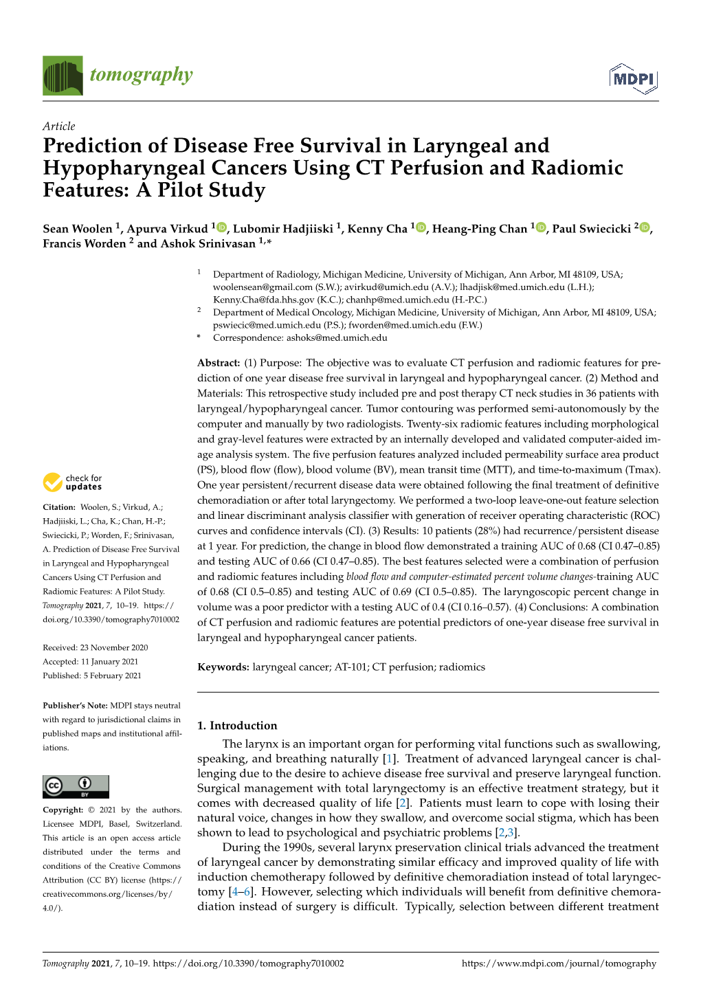 Prediction of Disease Free Survival in Laryngeal and Hypopharyngeal Cancers Using CT Perfusion and Radiomic Features: a Pilot Study