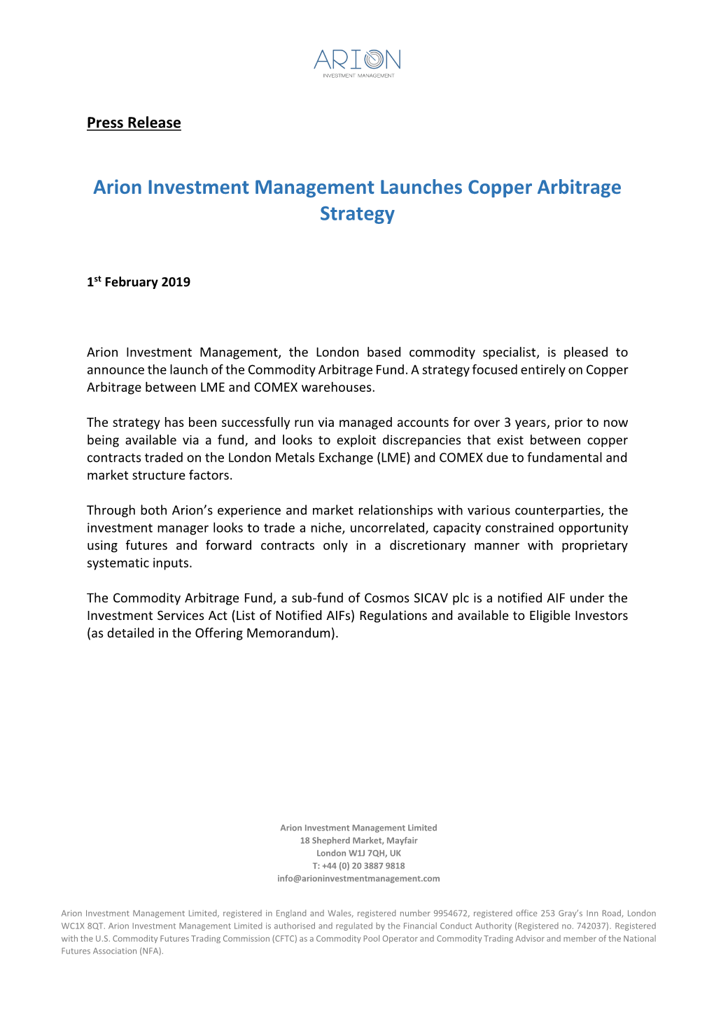 Arion Investment Management Launches Copper Arbitrage Strategy