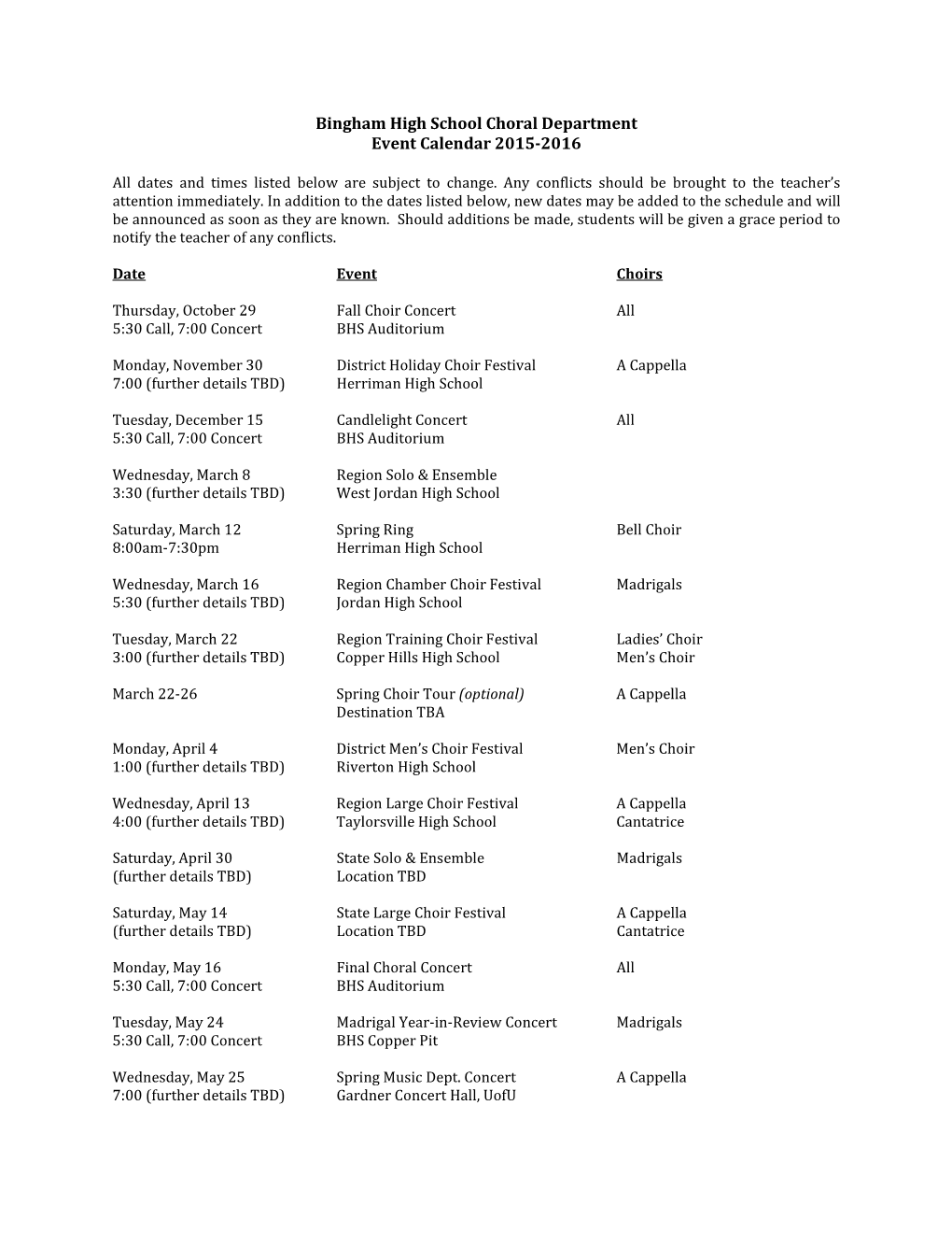 Bingham High School Choral Department Event Calendar 2015-2016