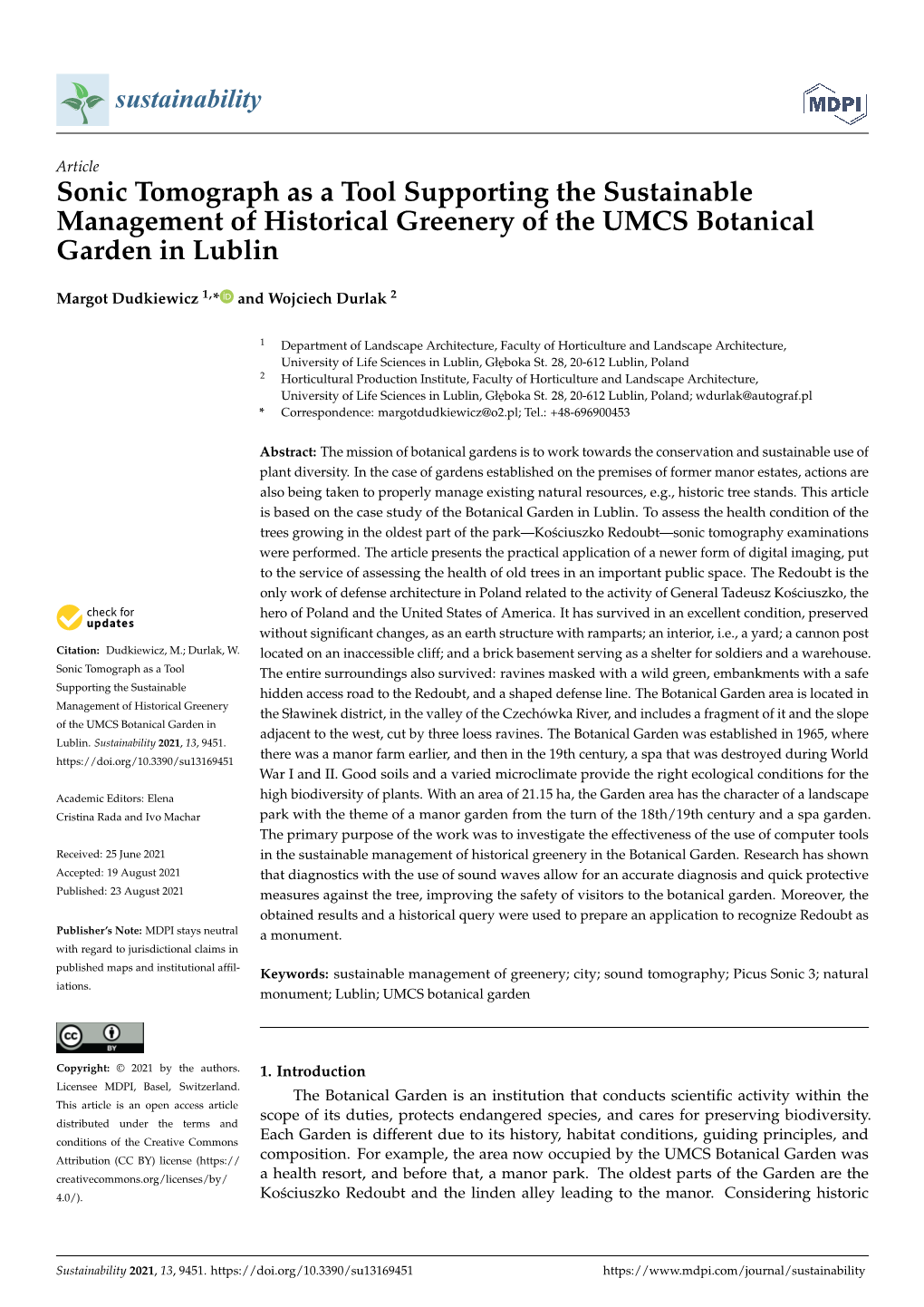 Sonic Tomograph As a Tool Supporting the Sustainable Management of Historical Greenery of the UMCS Botanical Garden in Lublin