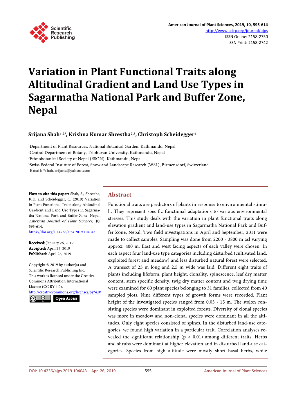 Variation in Plant Functional Traits Along Altitudinal Gradient and Land Use Types in Sagarmatha National Park and Buffer Zone, Nepal