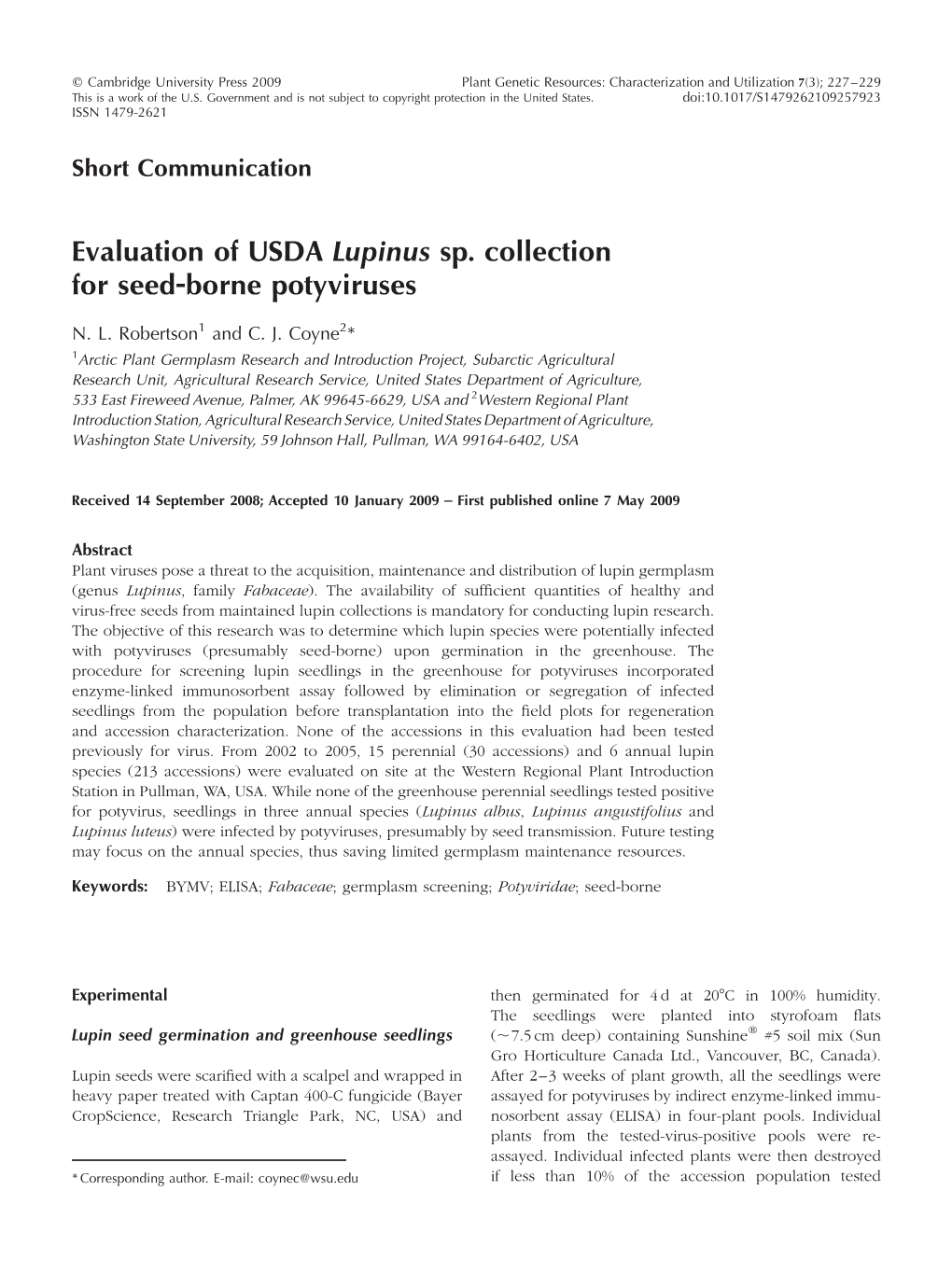 Evaluation of USDA Lupinus Sp. Collection for Seed-Borne Potyviruses