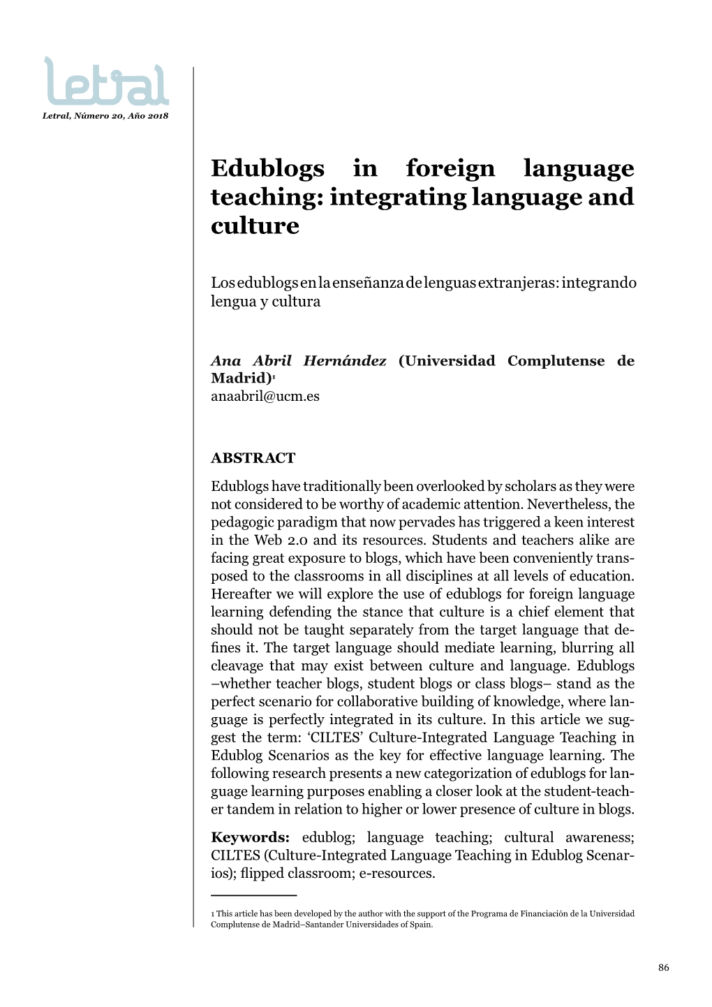 Edublogs in Foreign Language Teaching: Integrating Language and Culture