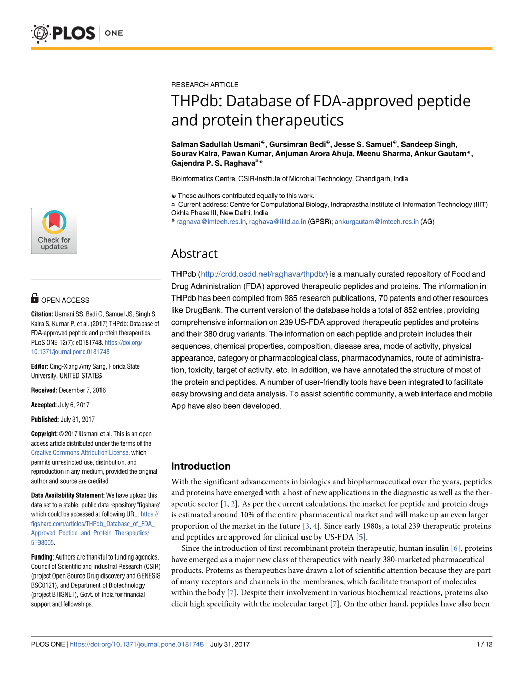 Thpdb: Database of FDA-Approved Peptide and Protein Therapeutics