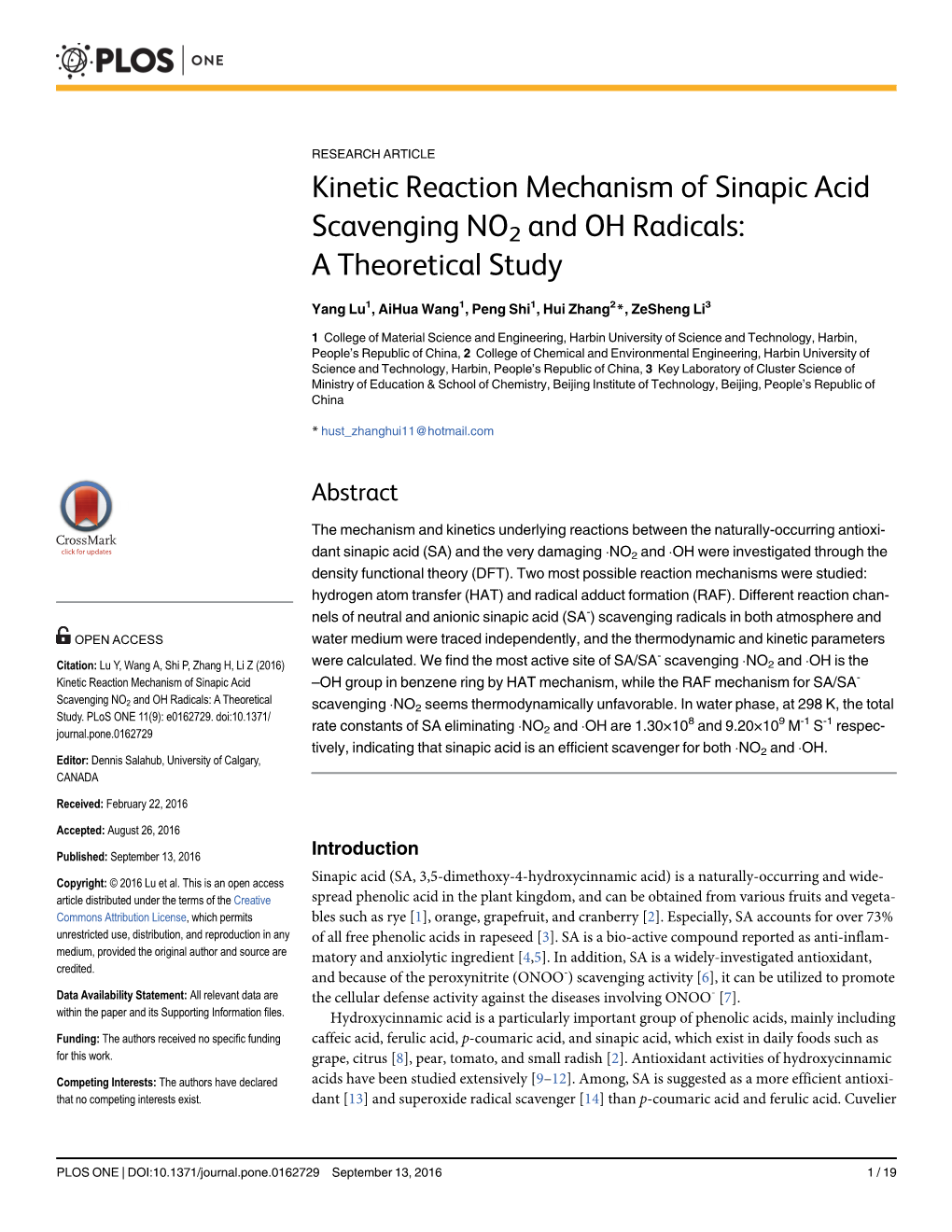 Kinetic Reaction Mechanism of Sinapic Acid Scavenging NO2 And