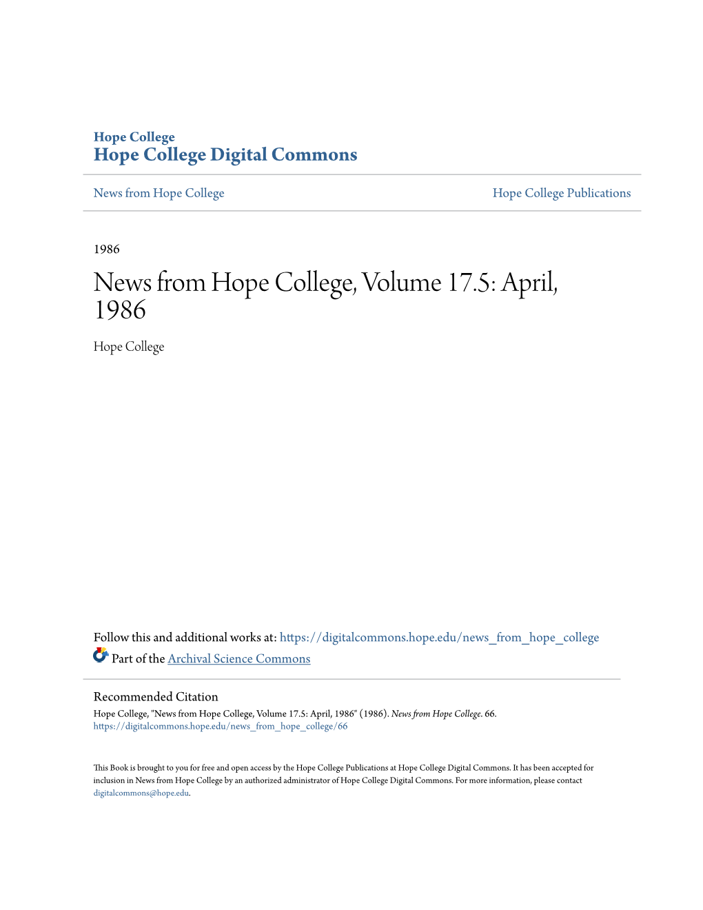News from Hope College, Volume 17.5: April, 1986 Hope College