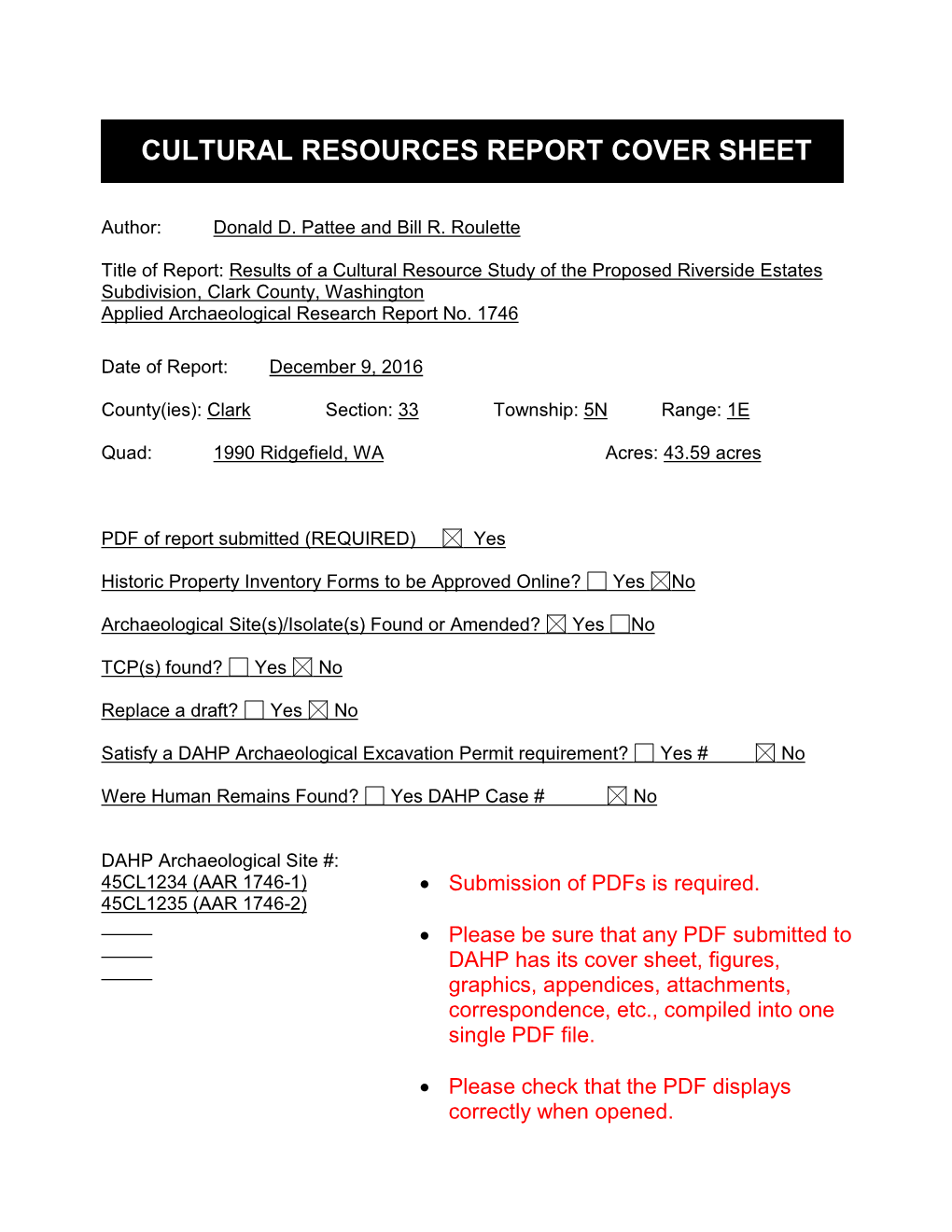 Cultural Resources Report Cover Sheet