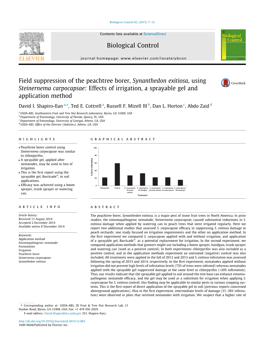 Field Suppression of the Peachtree Borer, Synanthedon Exitiosa, Using Steinernema Carpocapsae: Effects of Irrigation, a Sprayable Gel and Application Method ⇑ David I