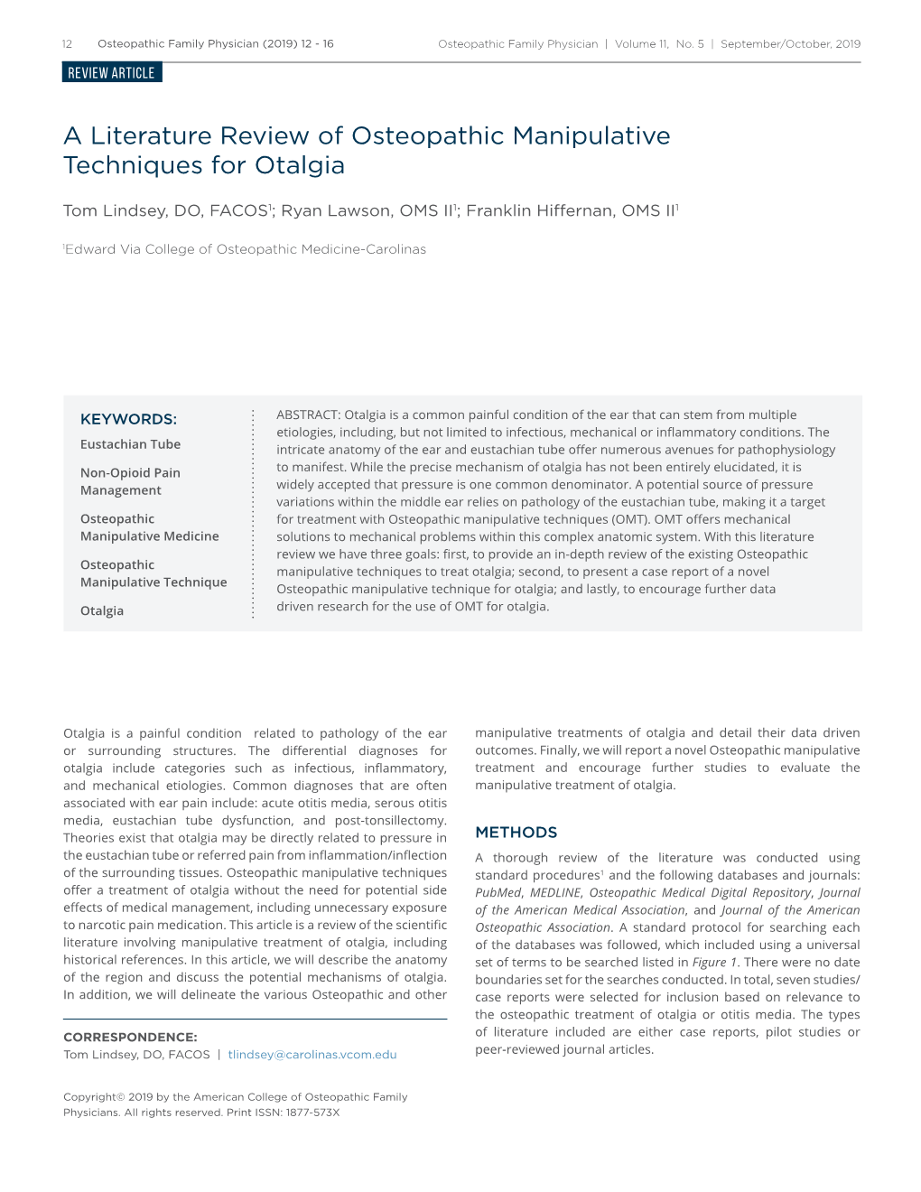A Literature Review of Osteopathic Manipulative Techniques for Otalgia