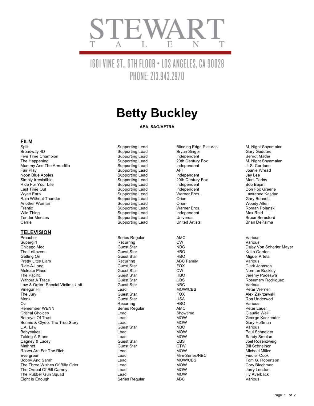 Betty Buckley Theatrical Resume