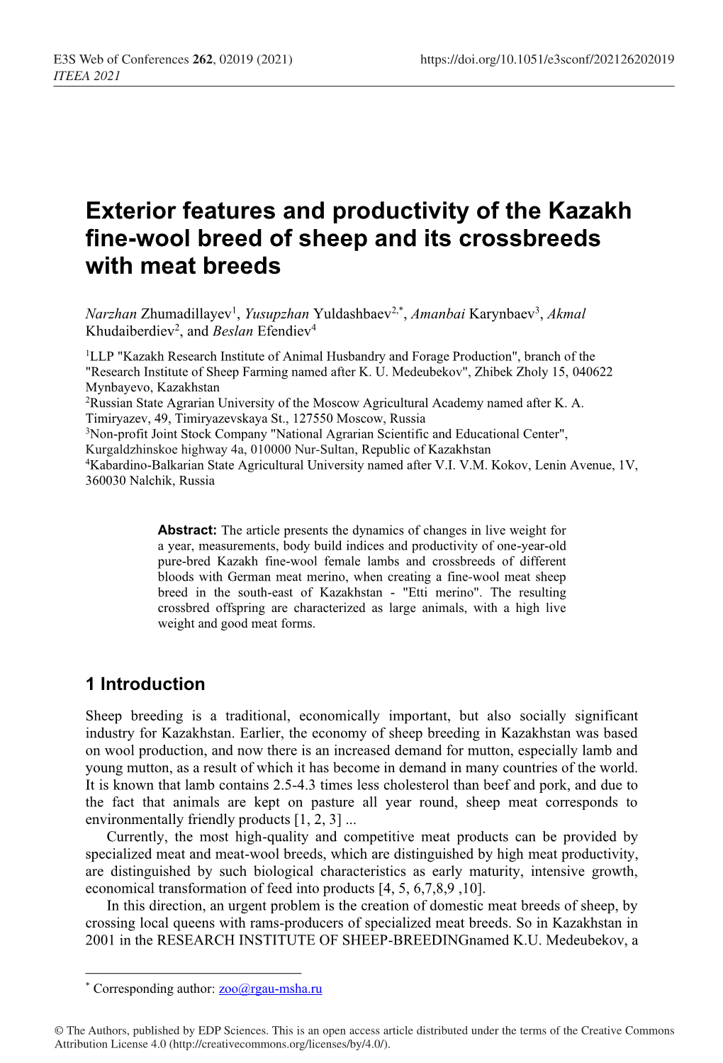 Exterior Features and Productivity of the Kazakh Fine-Wool Breed of Sheep and Its Crossbreeds with Meat Breeds