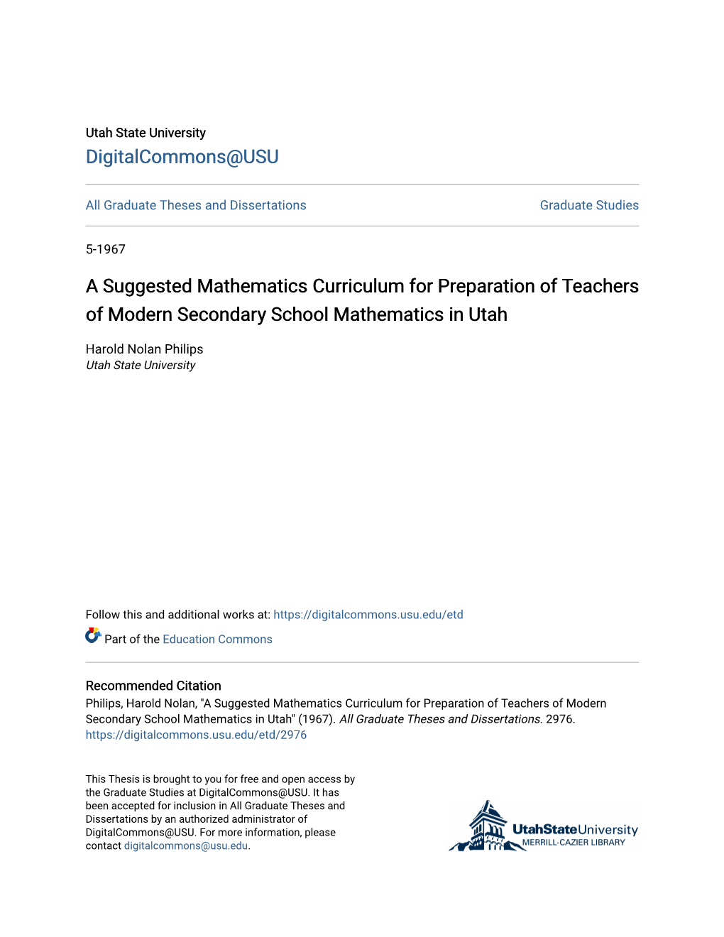 A Suggested Mathematics Curriculum for Preparation of Teachers of Modern Secondary School Mathematics in Utah