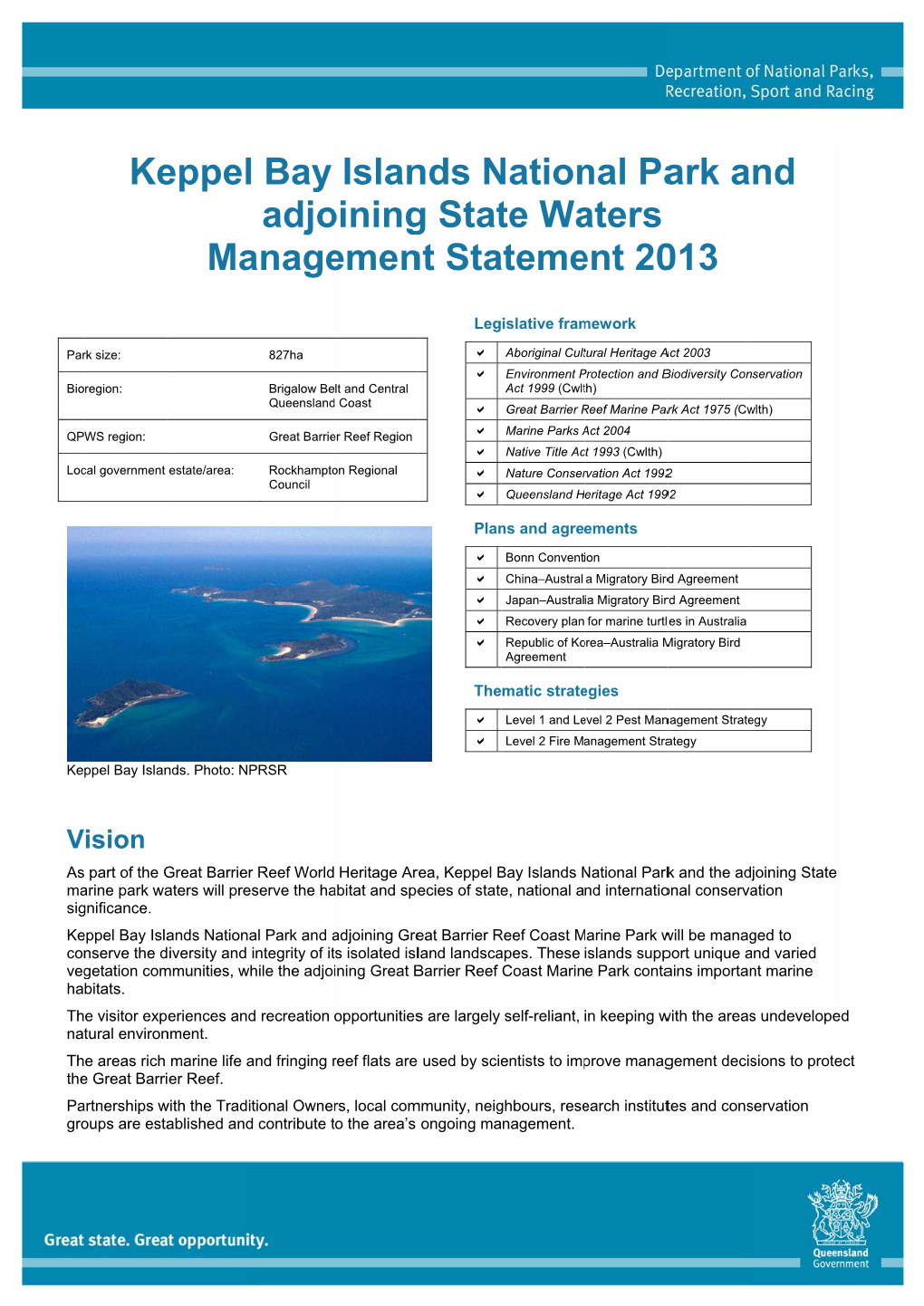 Keppel Bay Islands National Park and Adjoining State Waters Management Statement 2013