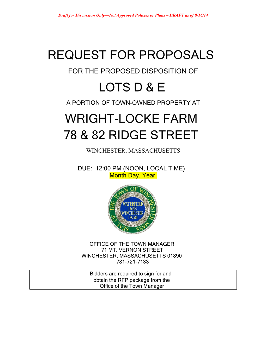 Request for Proposals Lots D & E Wright-Locke Farm 78