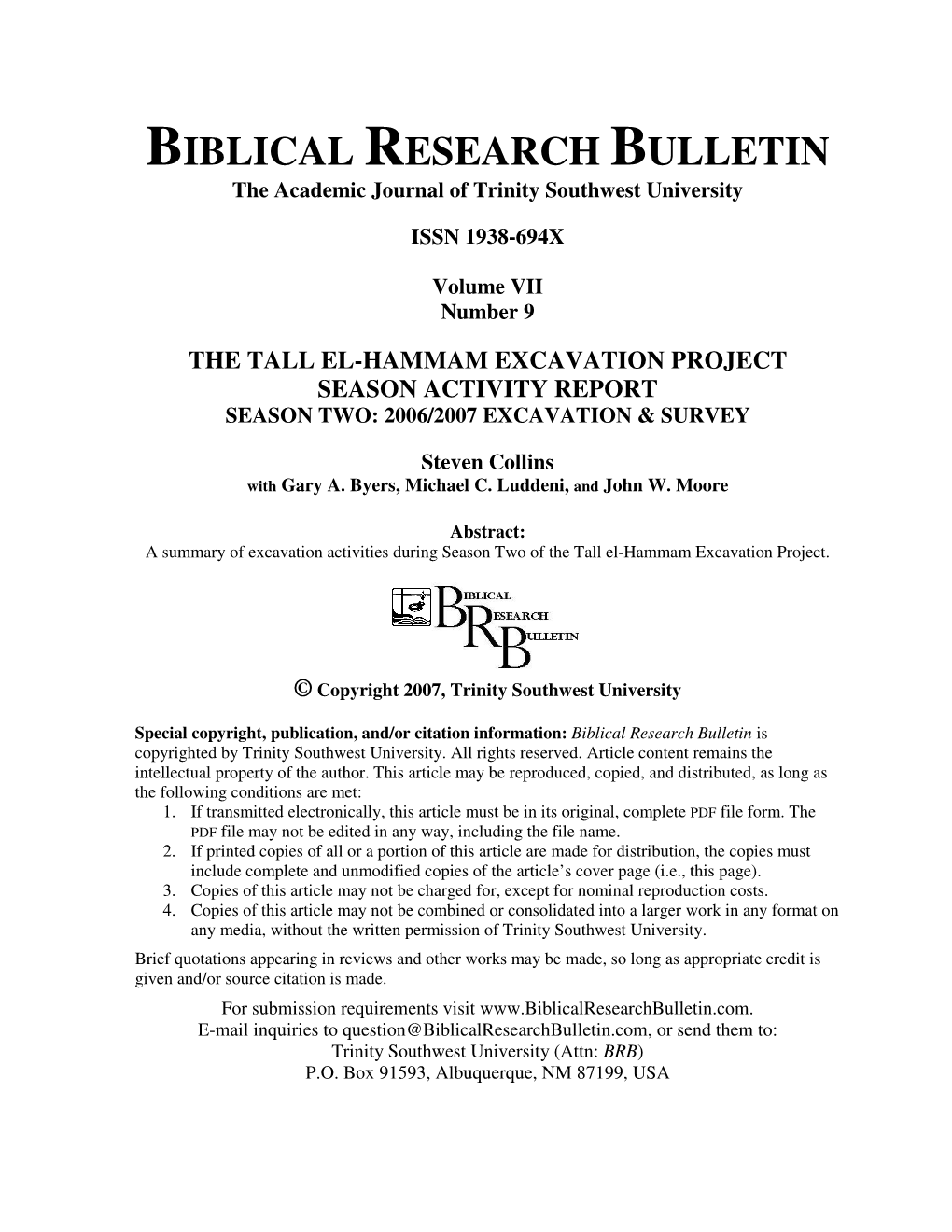 BIBLICAL RESEARCH BULLETIN the Academic Journal of Trinity Southwest University