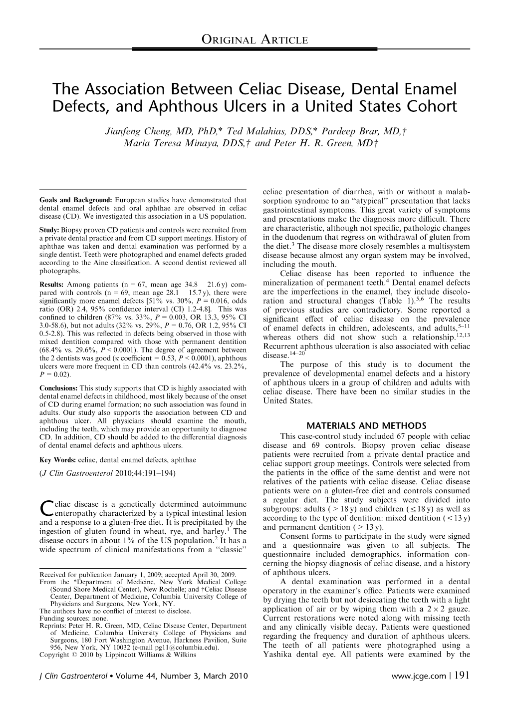 The Association Between Celiac Disease, Dental Enamel Defects, and Aphthous Ulcers in a United States Cohort