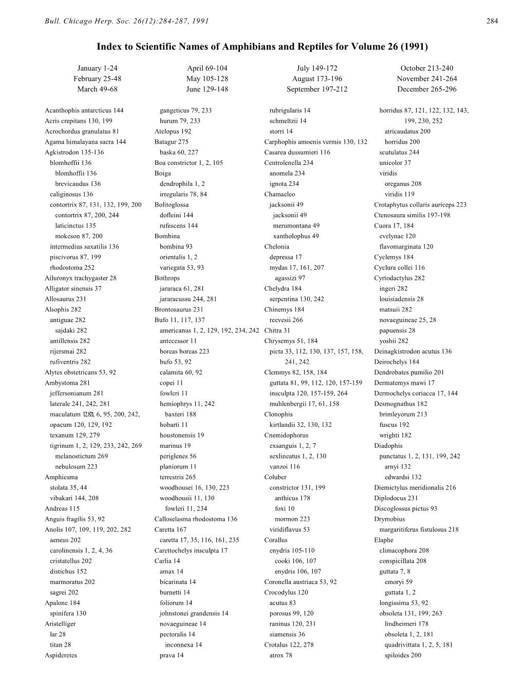 Index to Scientific Names of Amphibians and Reptiles for Volume 26 (1991)