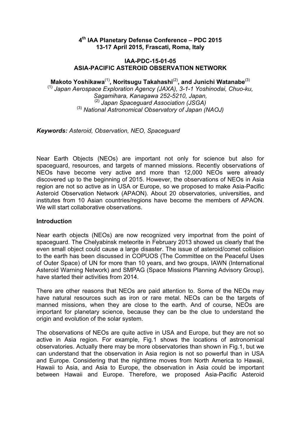 Iaa-Pdc-15-01-05 Asia-Pacific Asteroid Observation Network