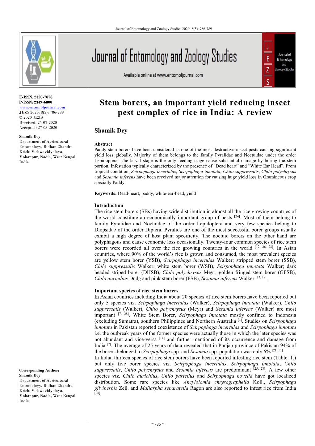 Stem Borers, an Important Yield Reducing Insect Pest Complex of Rice