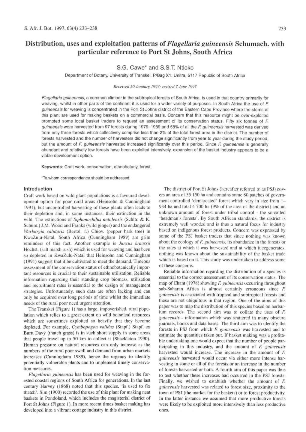 Distribution, Uses and Exploitation Patterns of Flagellaria Guineensis