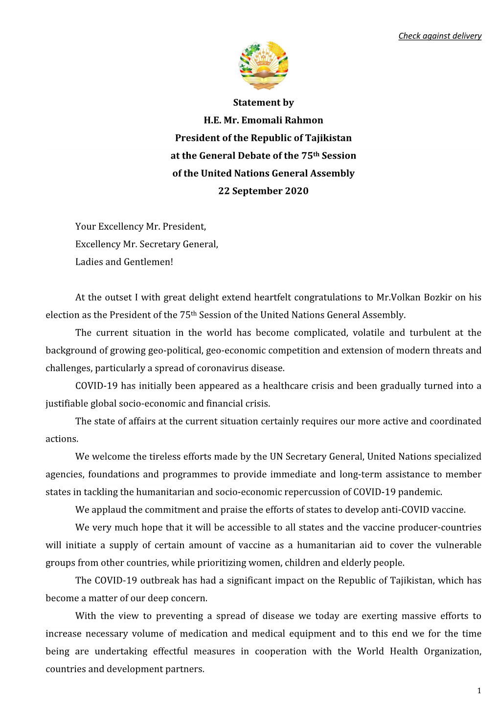 Statement by H.E. Mr. Emomali Rahmon President of the Republic of Tajikistan at the General Debate of the 75Th Session Of