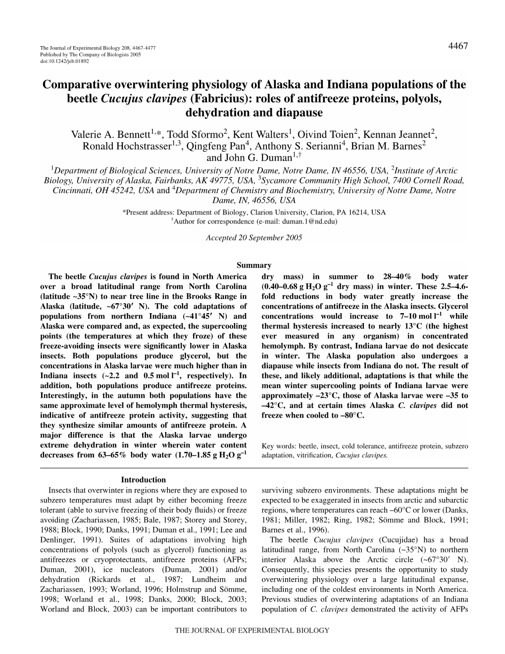 Comparative Overwintering Physiology of Alaska and Indiana Populations of the Beetle Cucujus Clavipes (Fabricius): Roles of Anti