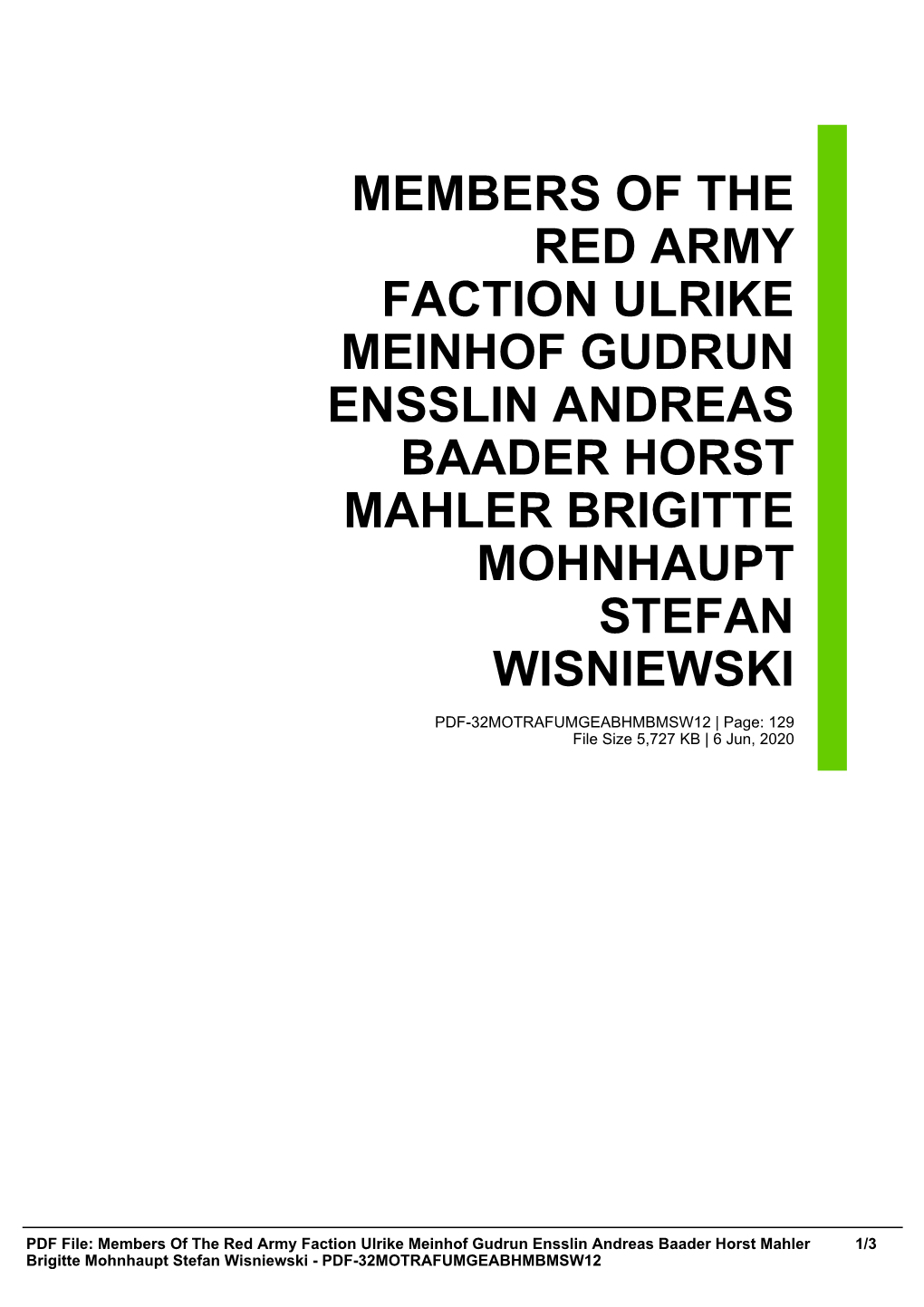 Members of the Red Army Faction Ulrike Meinhof Gudrun Ensslin Andreas Baader Horst Mahler Brigitte Mohnhaupt Stefan Wisniewski