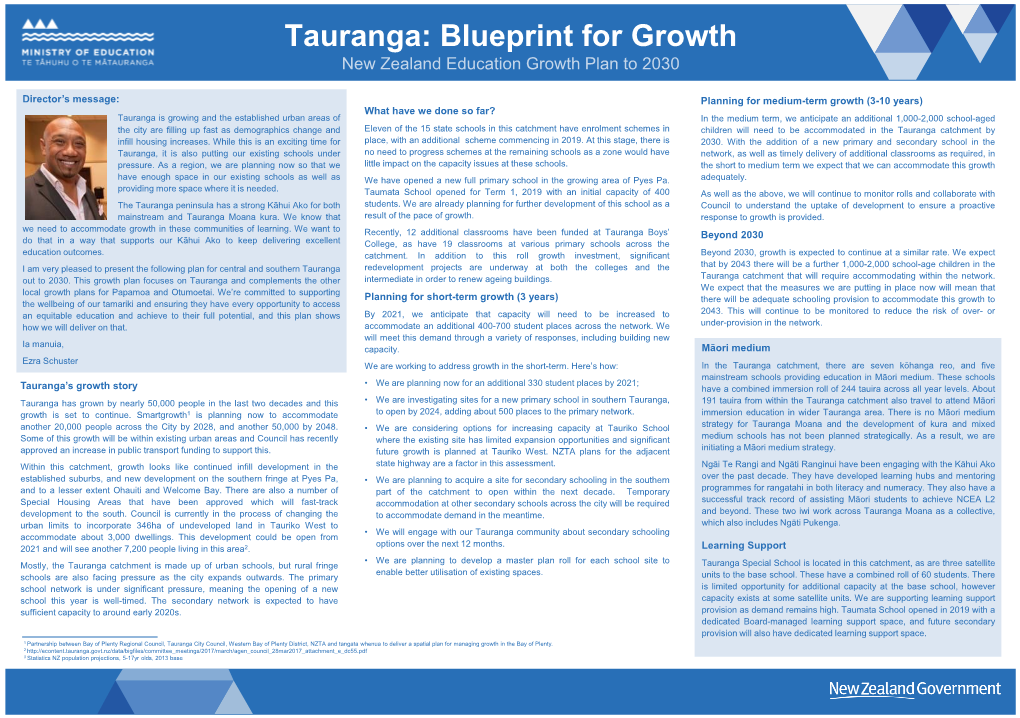 Tauranga: Blueprint for Growth New Zealand Education Growth Plan to 2030