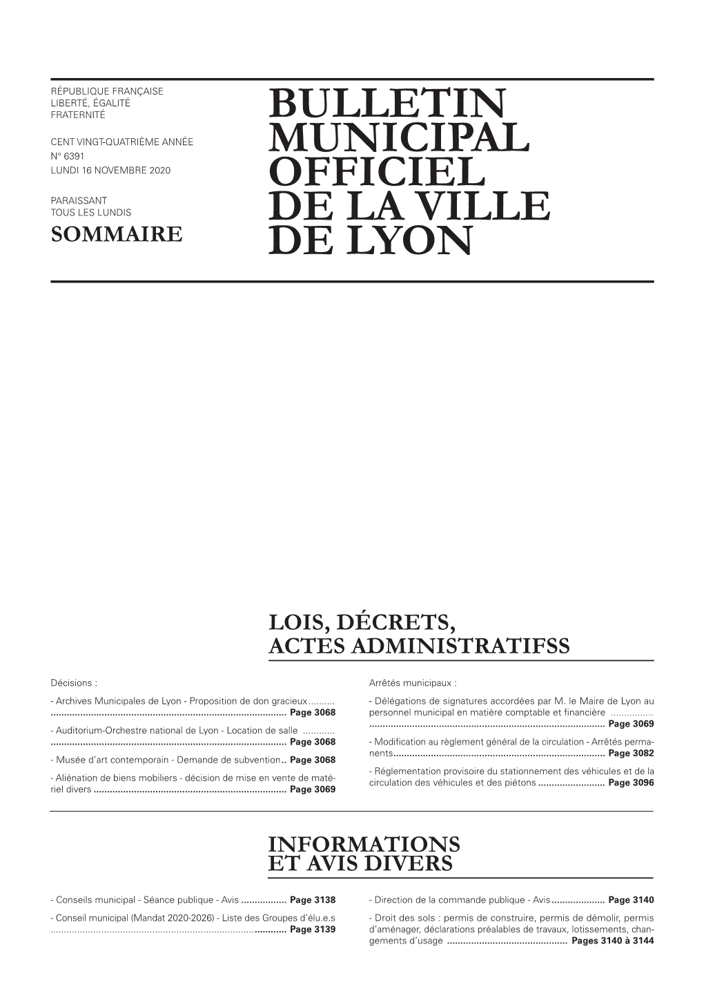 Bulletin Municipal Officiel Du 16 Novembre 2020