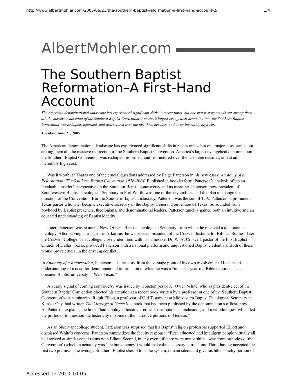 Albertmohler.Com – the Southern Baptist Reformation–A First-Hand