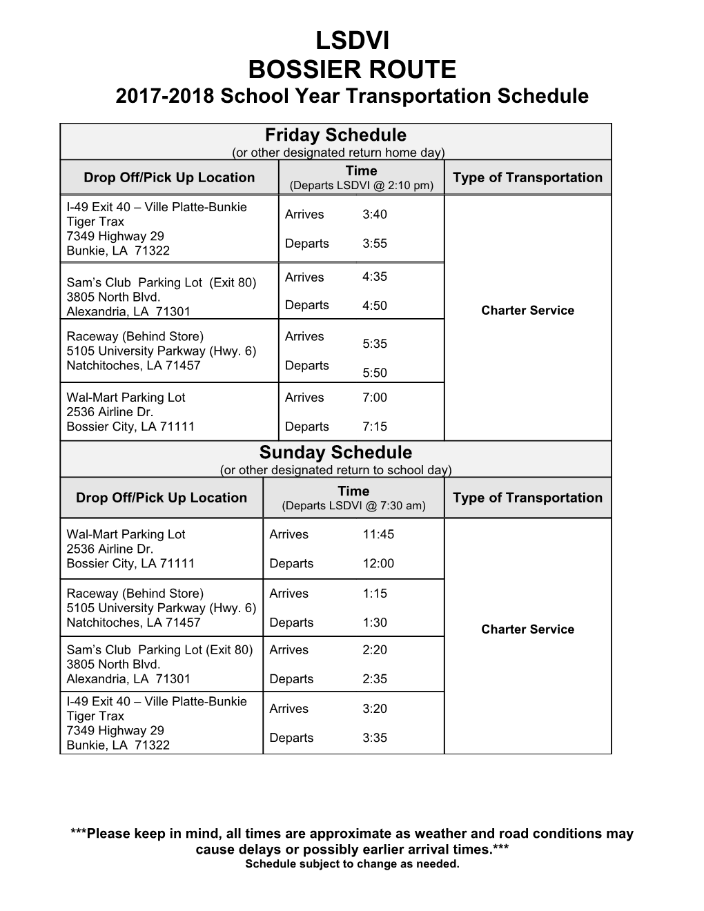 2017-2018 School Year Transportation Schedule