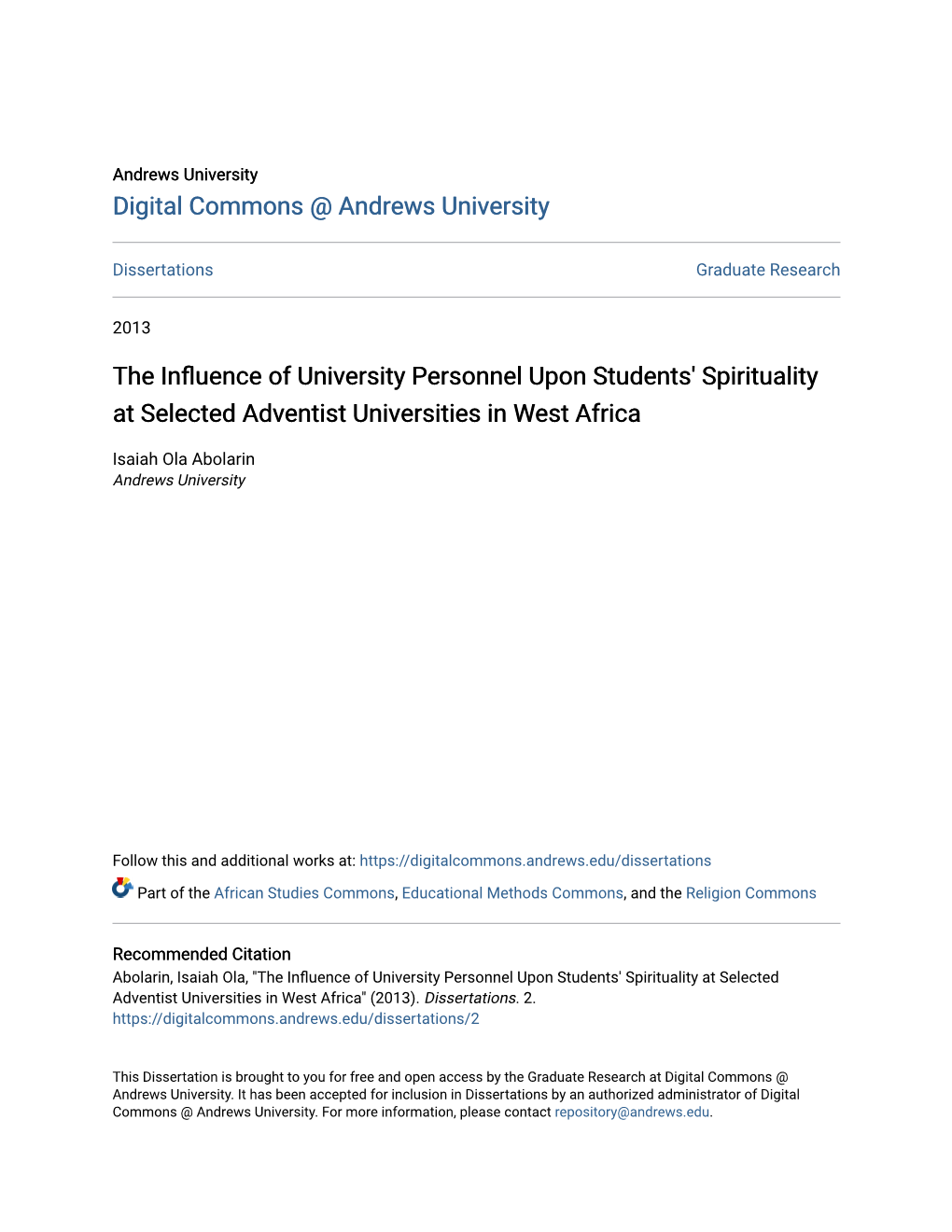 The Influence of University Personnel Upon Students' Spirituality at Selected Adventist Universities in West Africa