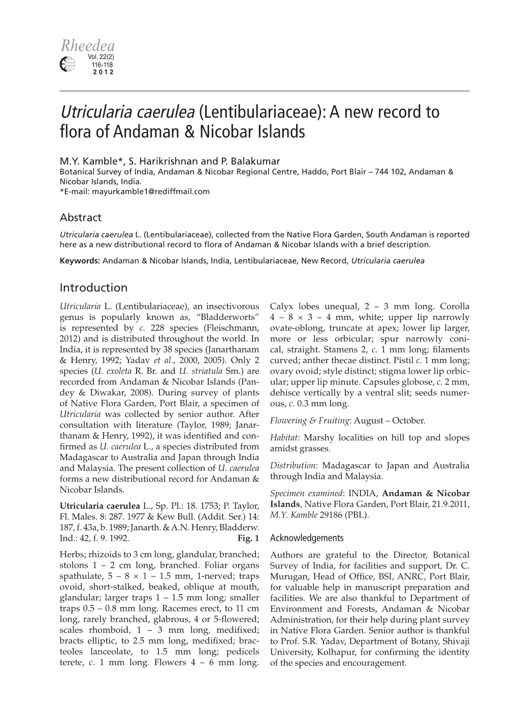 Utricularia Caerulea (Lentibulariaceae): a New Record to Flora of Andaman & Nicobar Islands