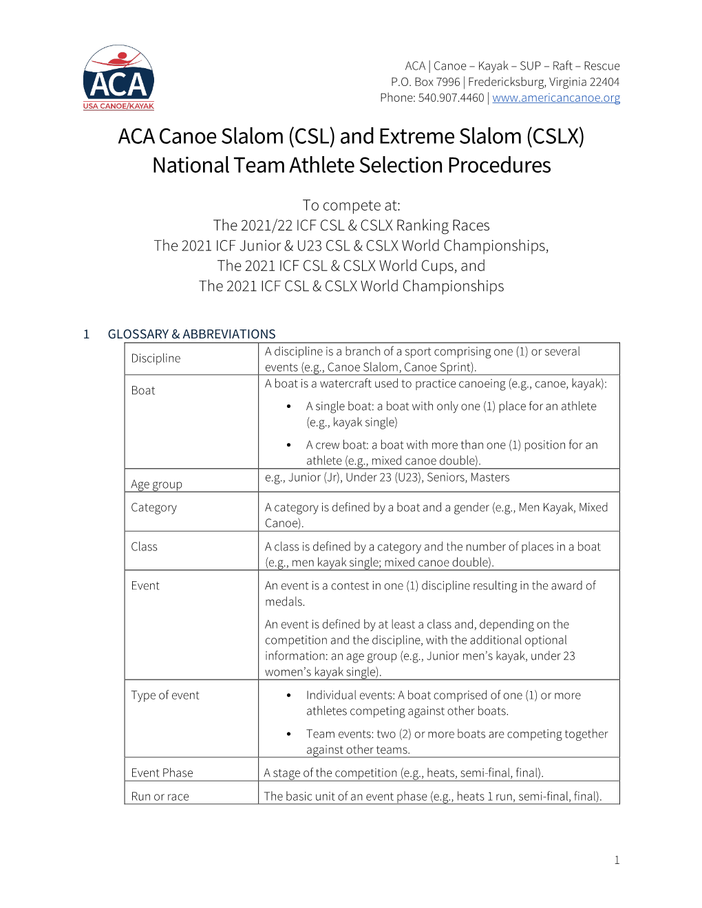 ACA Canoe Slalom (CSL) and Extreme Slalom (CSLX) National Team Athlete Selection Procedures