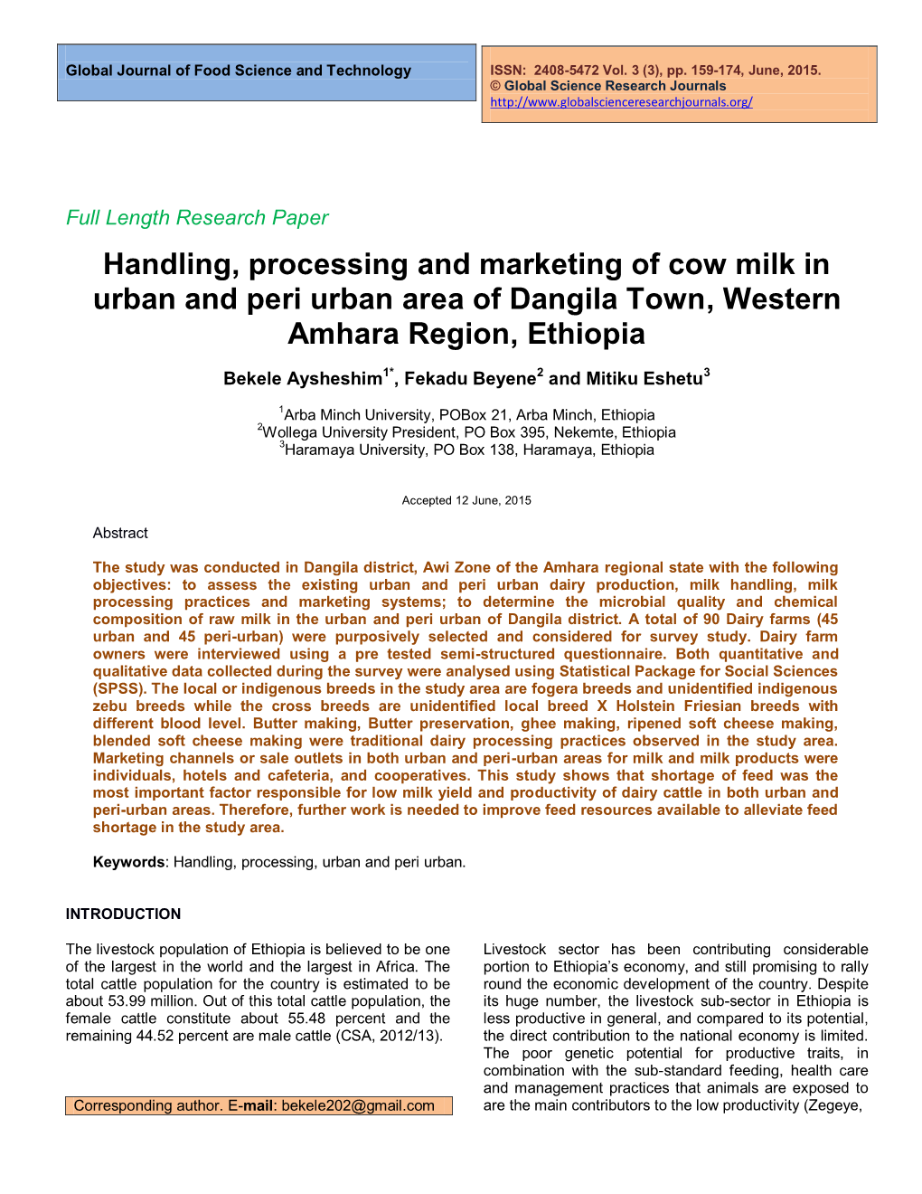 Handling, Processing and Marketing of Cow Milk in Urban and Peri Urban Area of Dangila Town, Western Amhara Region, Ethiopia