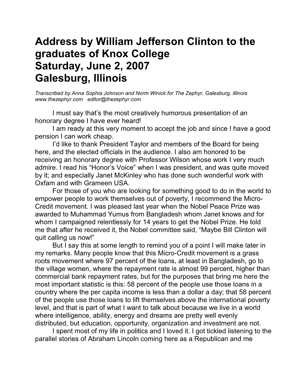 Address by William Jefferson Clinton to the Graduates of Knox College