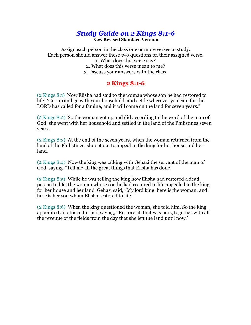 Study Guide on 2 Kings 8:1-6 New Revised Standard Version
