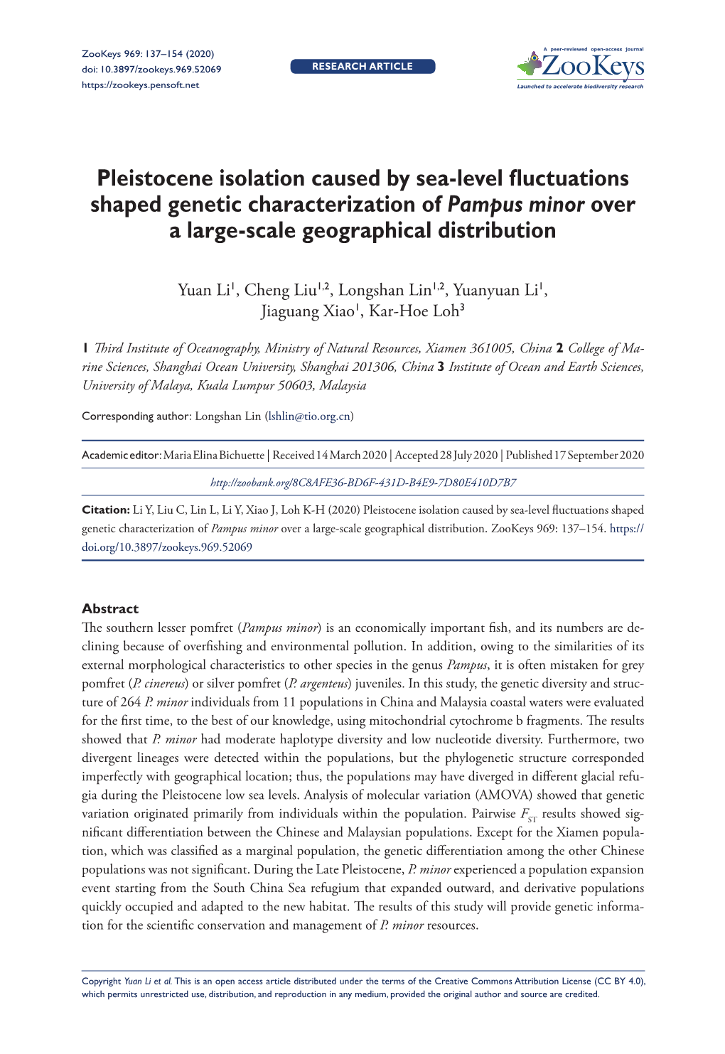 Pleistocene Isolation Caused by Sea-Level Fluctuations Shaped Genetic Characterization of Pampus Minor Over a Large-Scale Geographical Distribution