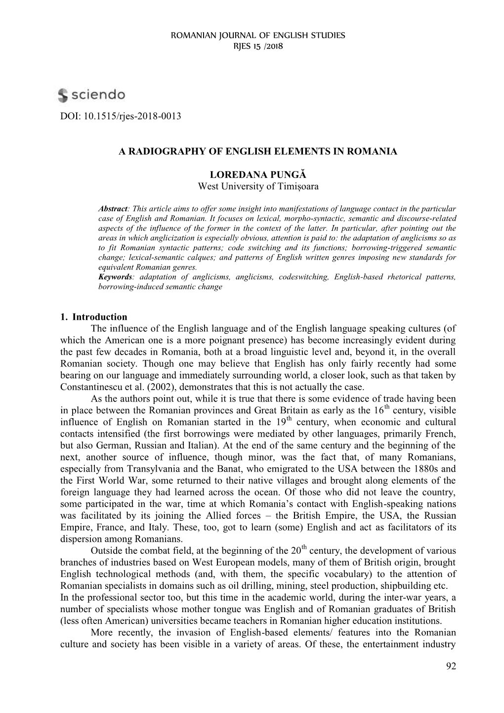 Romanian Journal of English Studies Rjes 15 /2018 92 Doi