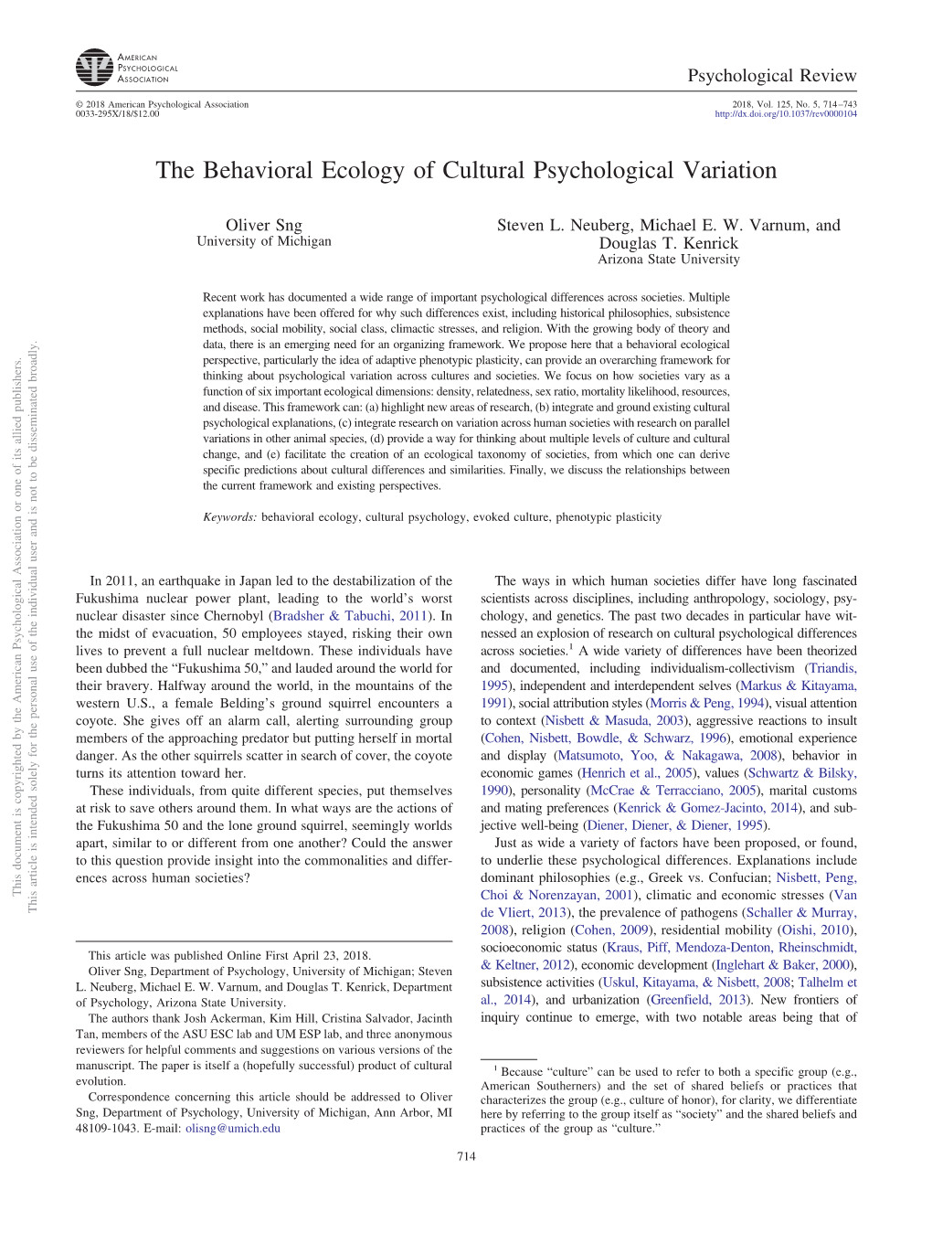 The Behavioral Ecology of Cultural Psychological Variation